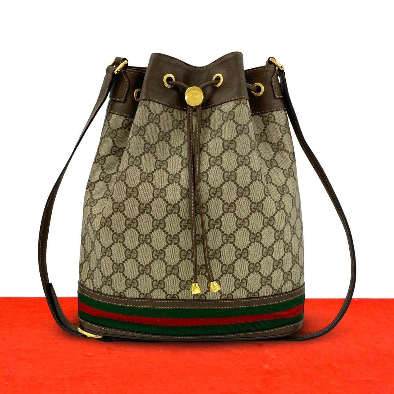 GUCCI グッチ シェリーライン GG 柄 ロゴ レザー PVC ショルダーバッグ ブラウン
54338