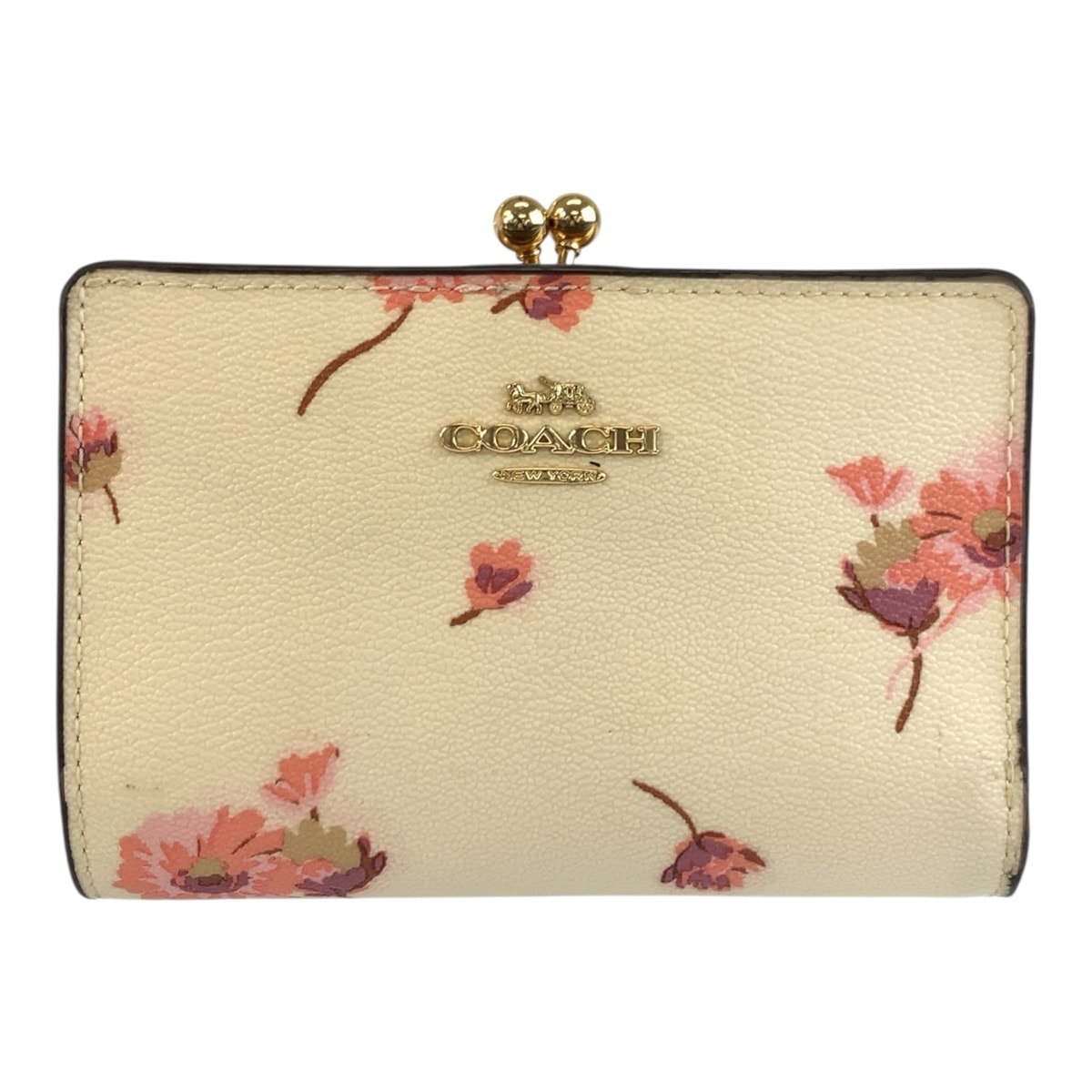 美品 COACH コーチ フローラル キスロック アイボリー ピンク ゴールド金具 PVC 折り財布 コンパクトウォレット 603640 【中古】