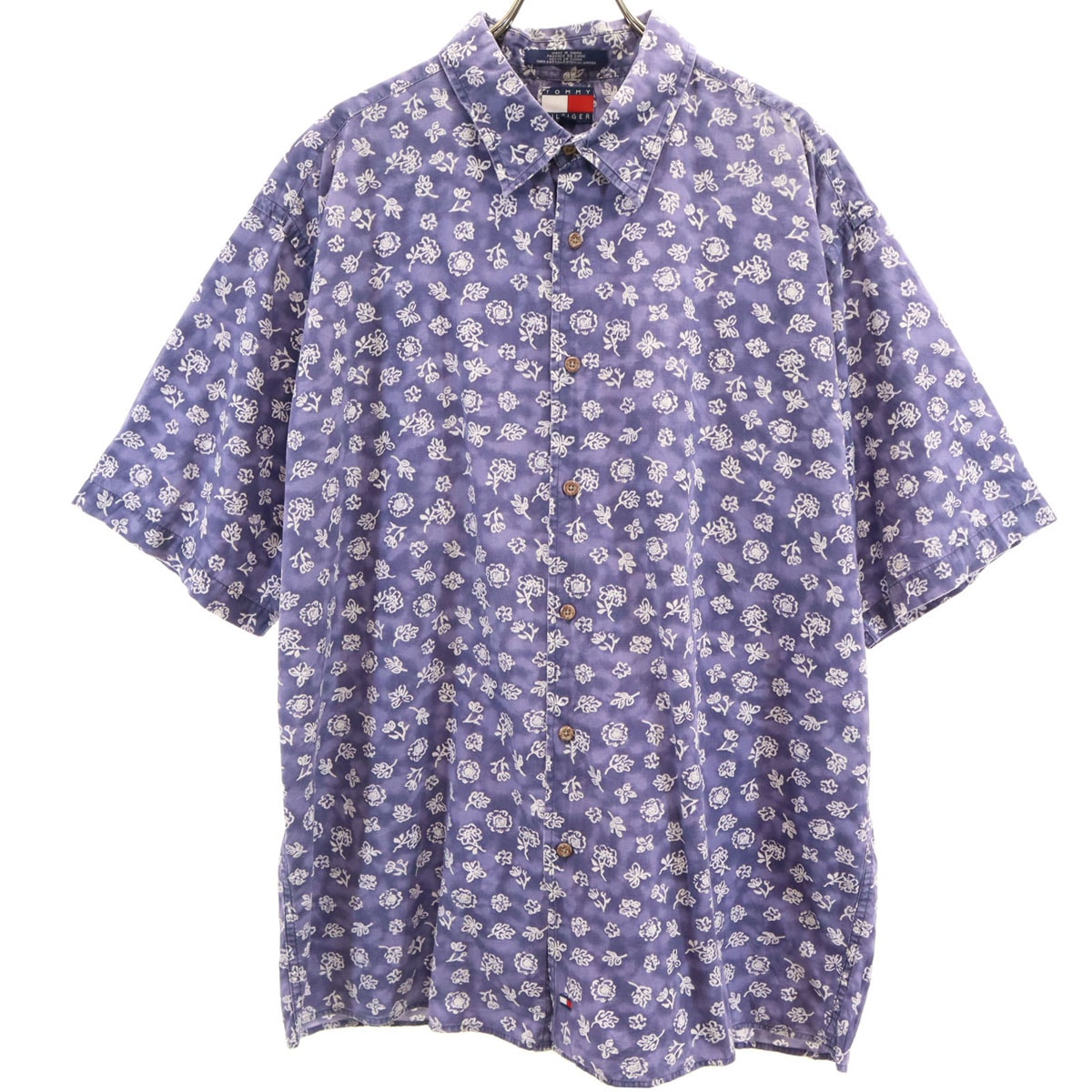 TOMMY HILFIGER トミーヒルフィガー 90s オールド 総柄 半袖 シャツ XL ネイビー