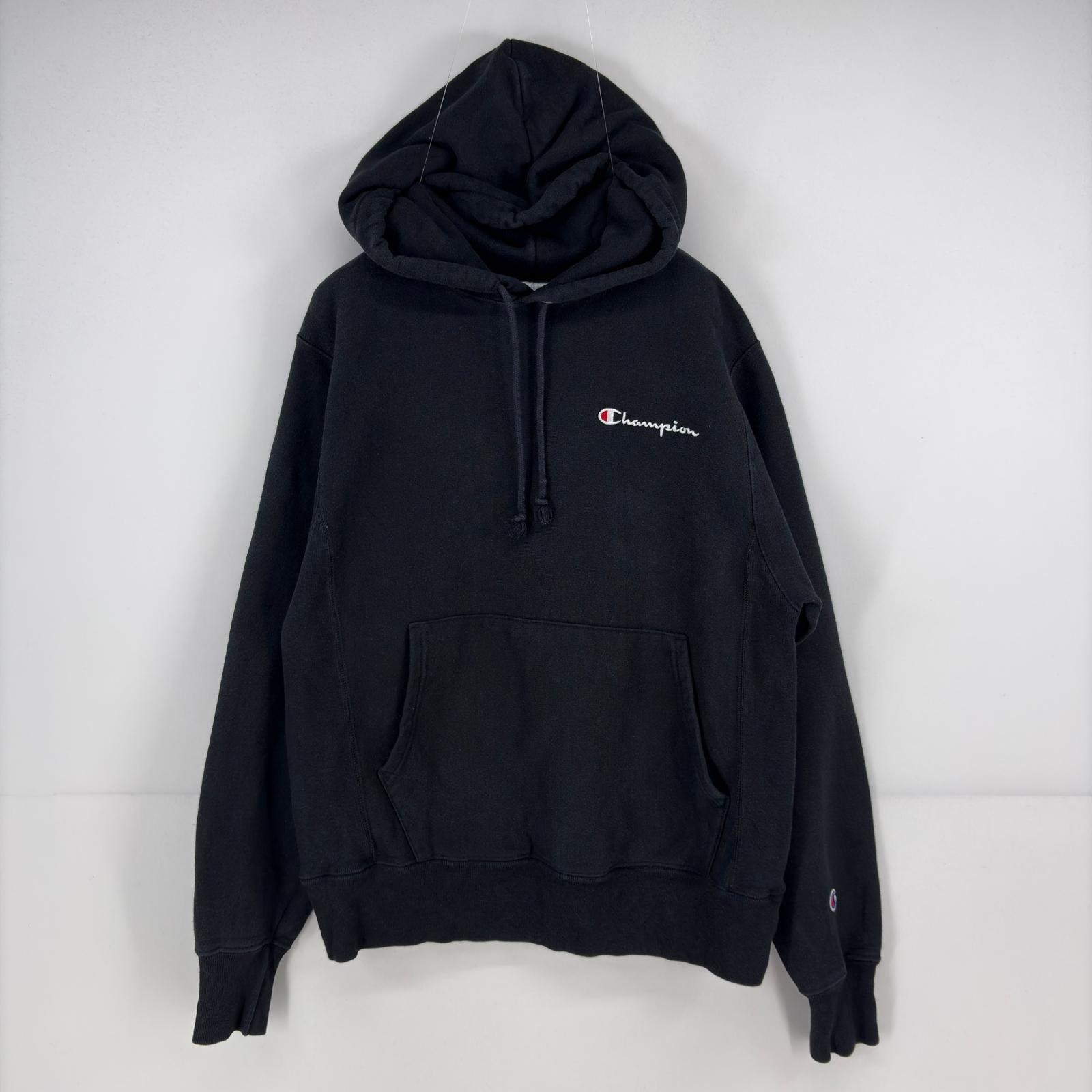 古着 チャンピオン Champion パーカー スウェット プルオーバー ワンポイント ロゴ 刺繍 リバースウィーブ S  ブラック メンズ