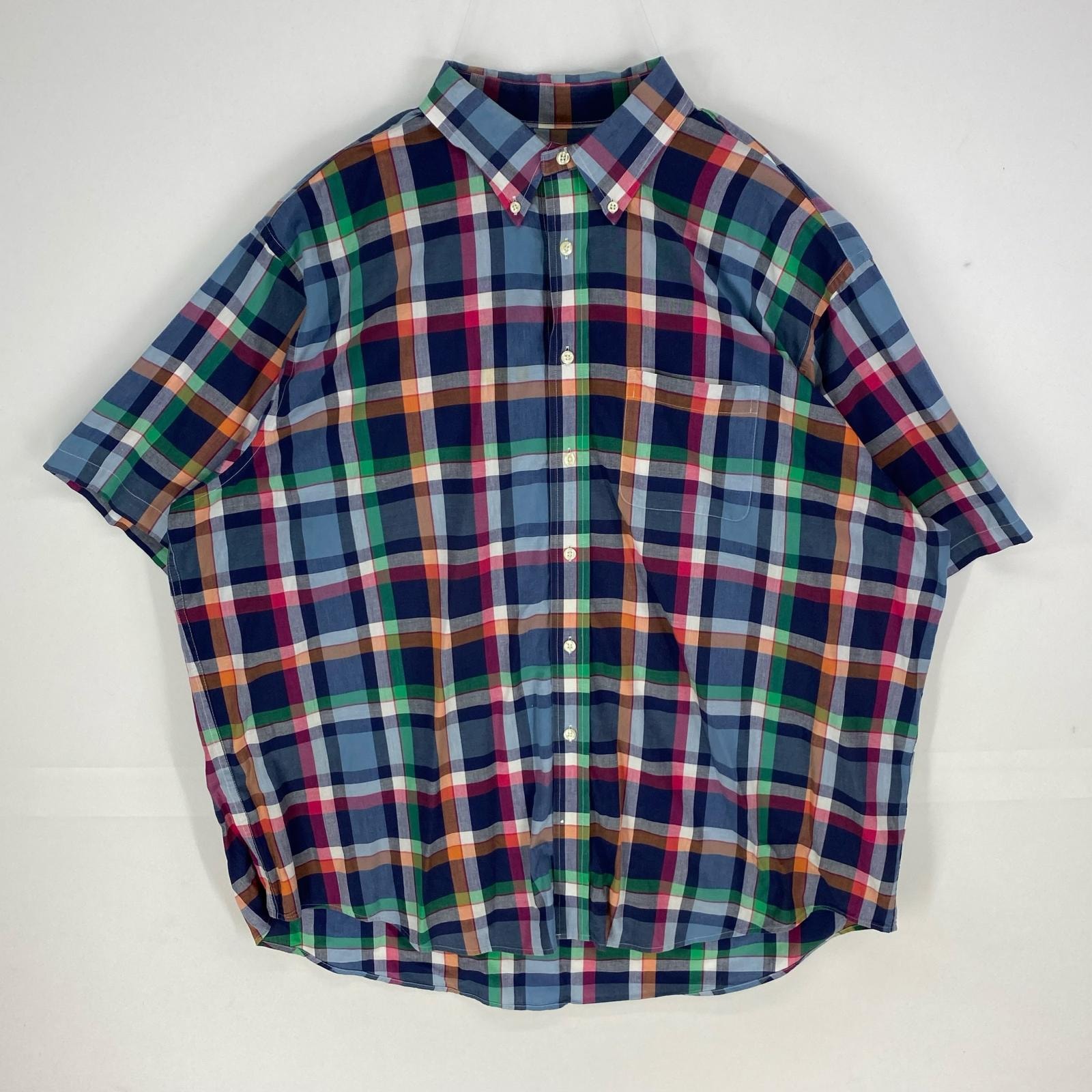 古着 ブルックスブラザーズ Brooks Brothers 半袖シャツ ボタンダウン 胸ポケット 346 マルチカラー 2XL  ネイビー系 チェック メンズ