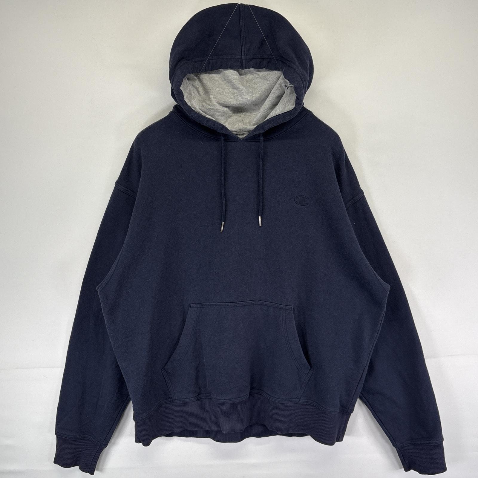 古着 チャンピオン Champion パーカー スウェット フーディ プルオーバー ワンポイントロゴ刺繍 L ネイビー メンズ