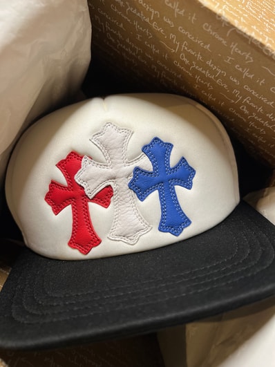 Chrome Hearts 3 Cross Patches Trucker Cap "Black/White/Red/Blue"