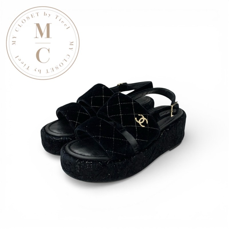 シャネル CHANEL サンダル 靴 シューズ ベロア ブラック 黒 ゴールド マトラッセ ココマーク ストラップ プラットフォーム