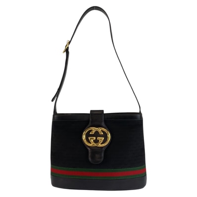 GUCCI グッチ ヴィンテージ マイクロGG インターロッキング シェリーライン ブラック 黒 ゴールド金具 GGキャンバス レザー/ ショルダーバッグ 603323 【中古】