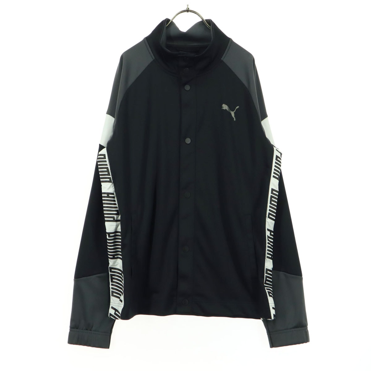 美品 PUMA プーマ ロゴプリント 長袖 ハイネック ボタンアップ ジャケット L ブラック
