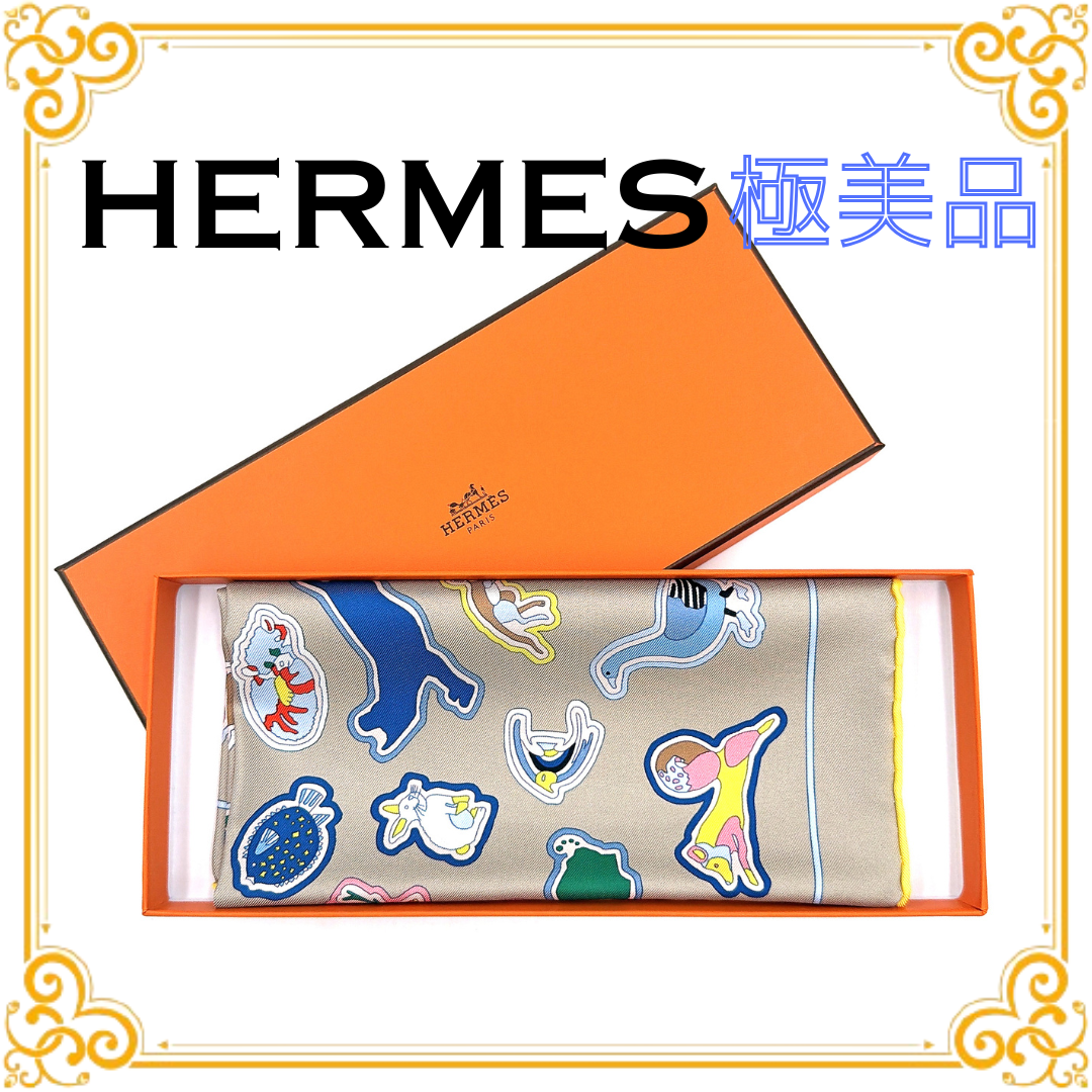 ■極美品■ HERMES エルメス ガヴロッシュ カレ45 キャラクテリスティック スカーフ グレー シルク ストール ショール 箱付き レディース