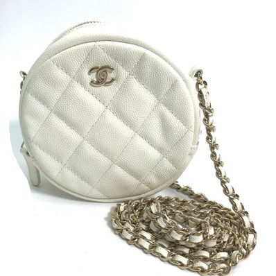 シャネル CHANEL ポシェット マトラッセ キルティング CC ココマーク ラウンド チェーンバッグ 斜め掛け ショルダーバッグ キャビアスキン ホワイト