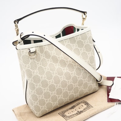 極美品 GUCCI グッチ GGエンブレム スモール バケットバッグ 815118 ショルダーバッグ ベージュ ホワイト コーティングキャンバス レザー レディース