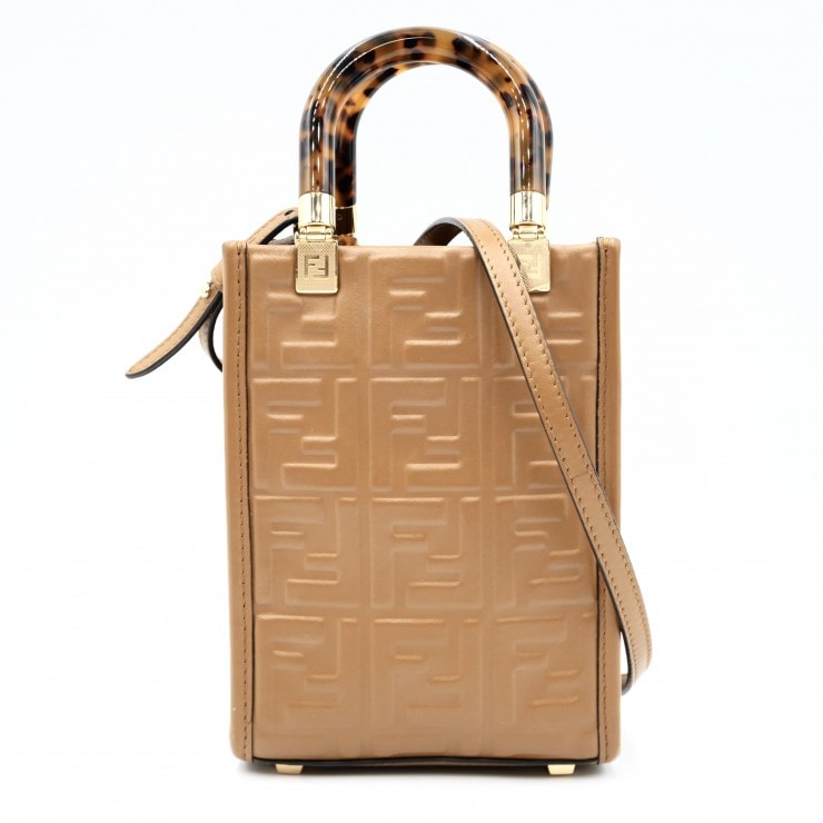 FENDI(フェンディ)サンシャイン ミニ ショッパー ショルダーバッグ ハンドバッグ レディース ブラウン レザー FFエンボス 2WAY 【中古】
