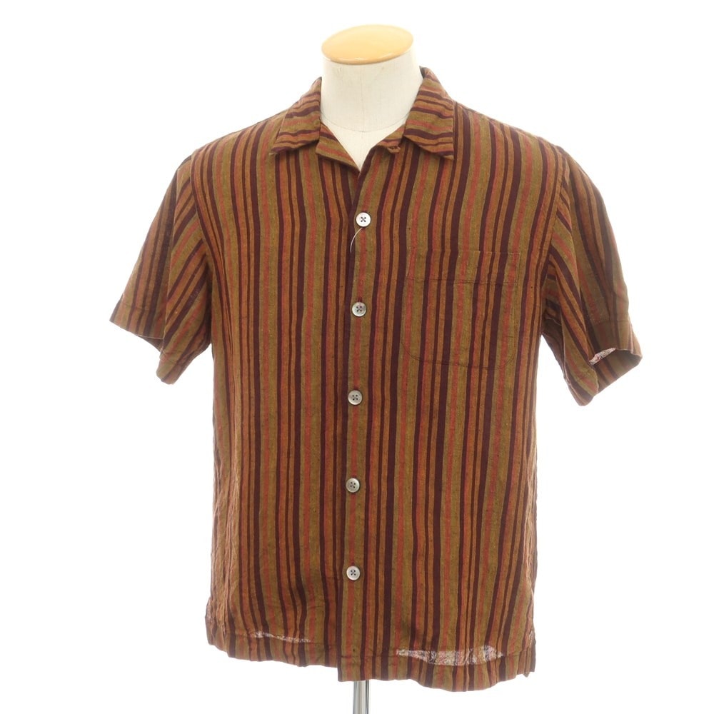 【中古】ポールスミスコレクション PAUL SMITH COLLECTION リネン ストライプ オープンカラー 半袖シャツ ブラウン系xパープル【サイズS】【メンズ】