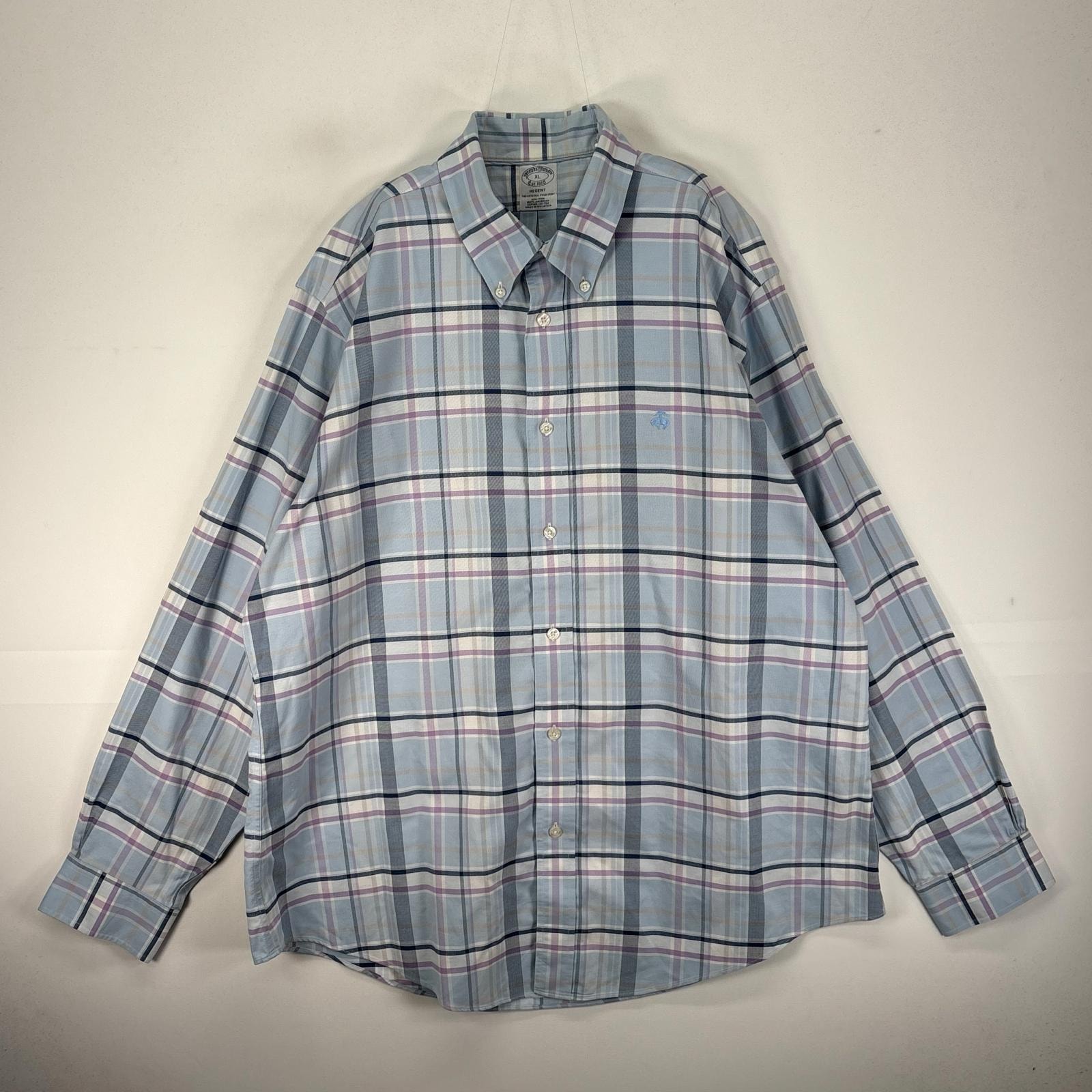 古着 ブルックスブラザーズ Brooks Brothers 長袖シャツ ボタンダウン ワンポイント  ブルー系 チェック メンズ