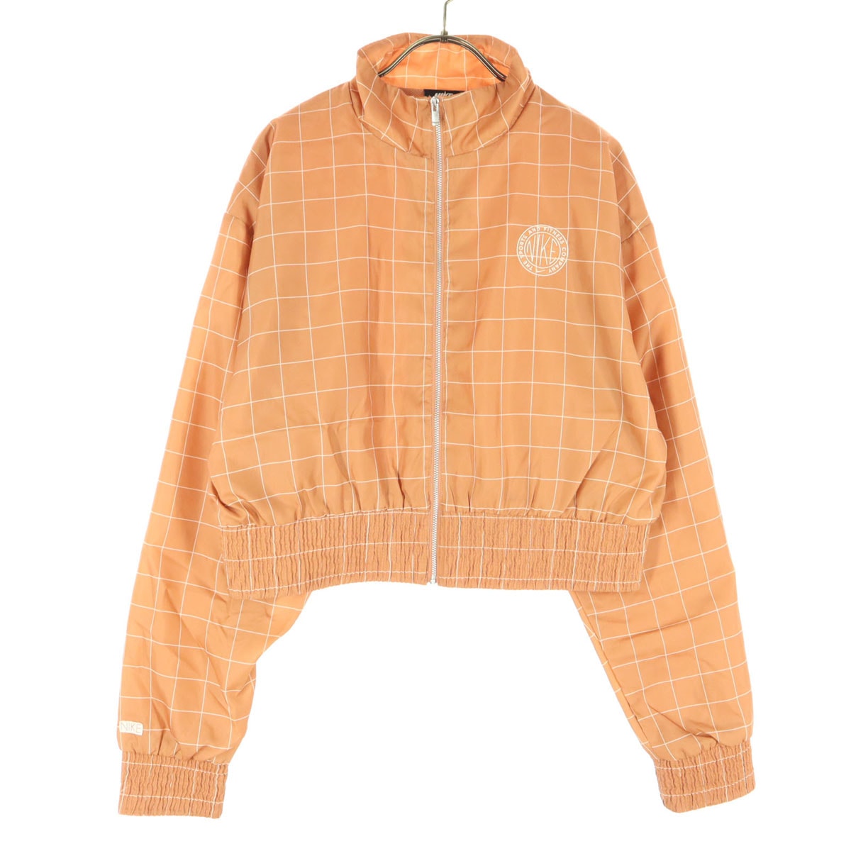 NIKE ナイキ ワンポイントロゴ チェック柄 長袖 クロップド丈 ジップジャケット L オレンジ系