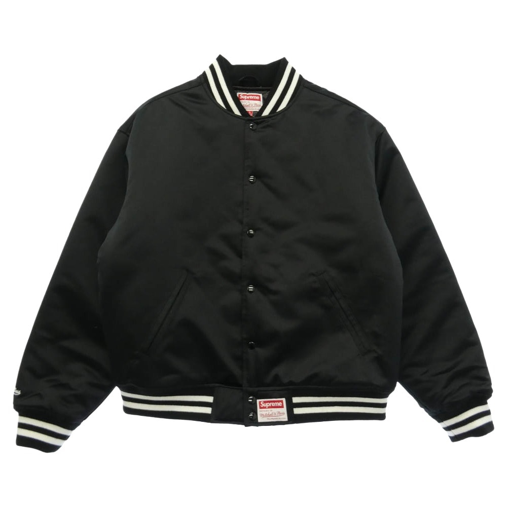 Supreme シュプリーム × Mitchell & Ness ミッチェルアンドネス 24AW Satin Varsity Jacket サテン バーシティー ジャケット スタジャン ブラック系 L【極上美品】【中古】