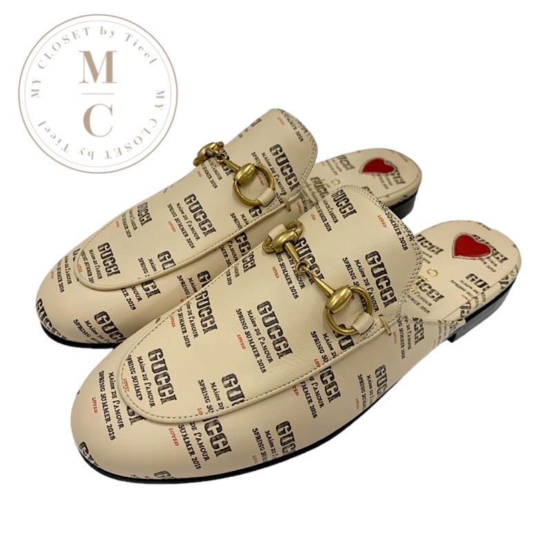 グッチ GUCCI プリンスタウン フラットシューズ 靴 シューズ レザー ベージュ レッド ゴールド 未使用 ミュール スリッパサンダル ロゴ ホースビット