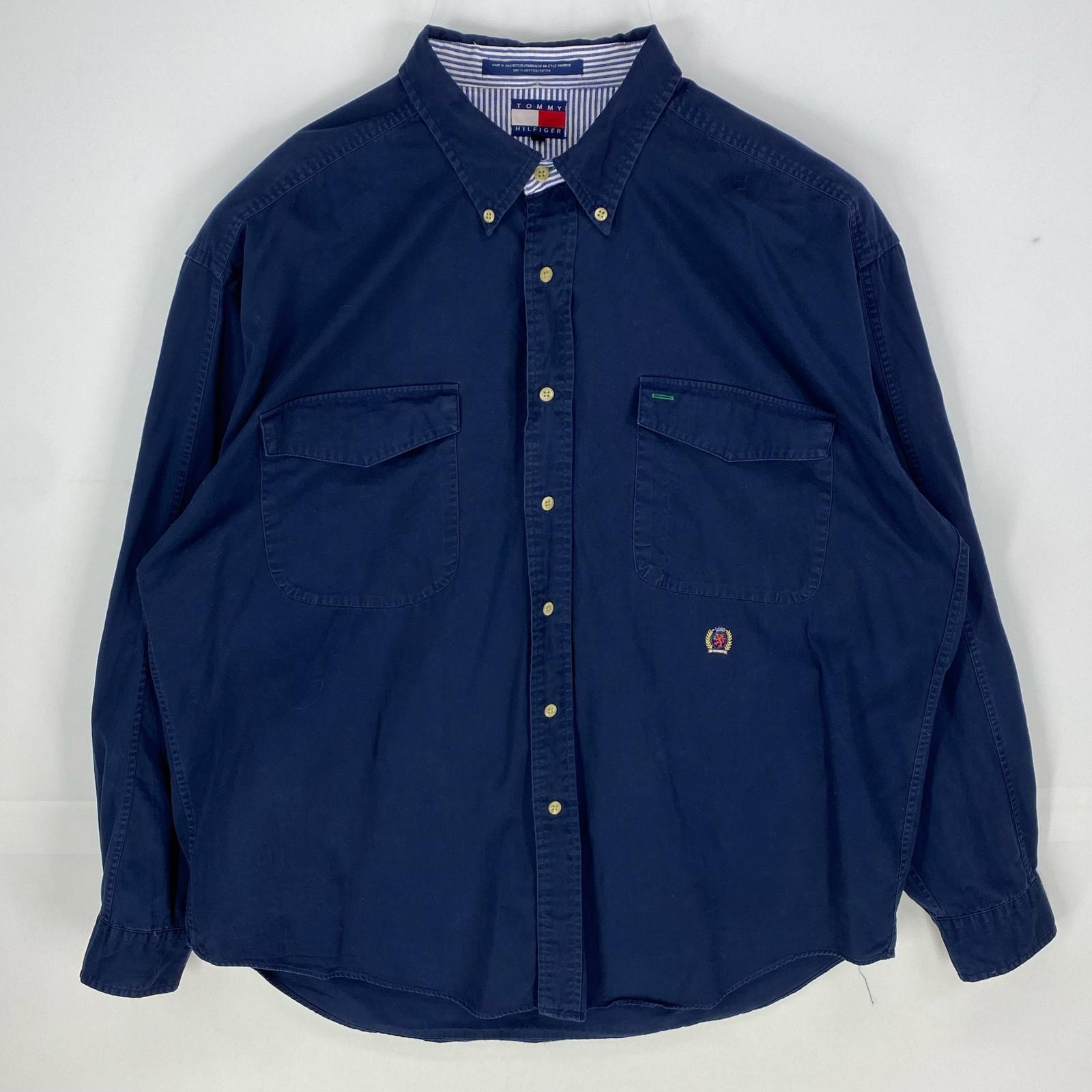 古着 90's/90年代 トミーヒルフィガー TOMMY HILFIGER 長袖シャツ ワンポイント 胸ポケット ボタンダウン XL ネイビー系 メンズ