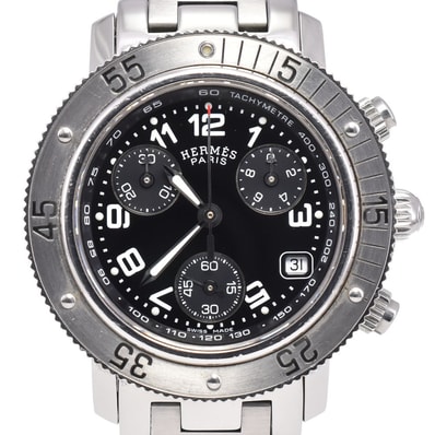 エルメス HERMES CL2.310 クリッパー ダイバー クロノグラフ デイト ブラック クォーツ レディース 腕時計 E#147037