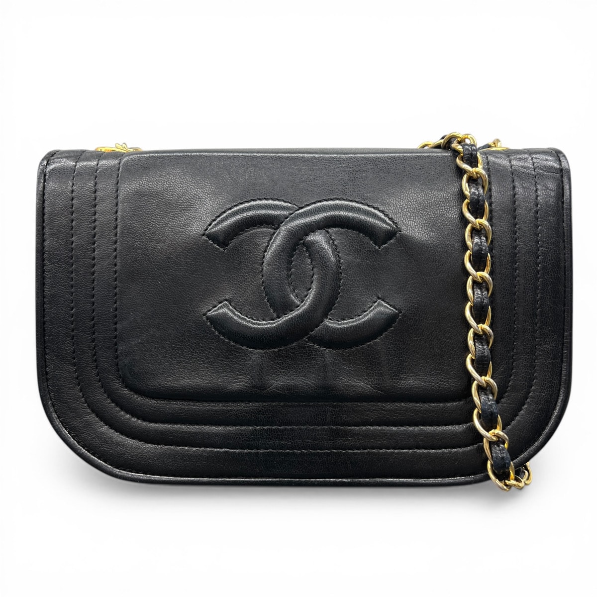 CHANEL 希少 シャネル ハーフムーン ココマーク チェーンショルダーバッグ ラムスキン レザー ゴールド金具 0番台シリアル プッシュロック クロスボディ ポシェット ミニバッグ ヴィンテージ アンティーク Bランク 鑑定済 中古 シャネルバッグ