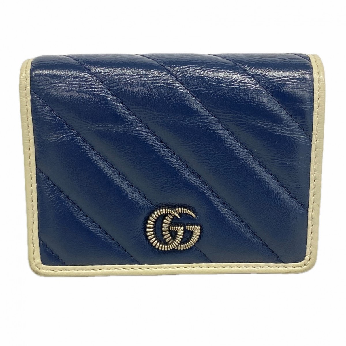 【6gb1256-k】グッチ 財布 GGマーモント 573811 レザー ネイビー ホワイト シルバー金具【中古】レディース