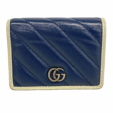 【6gb1256-k】グッチ 財布 GGマーモント 573811 レザー ネイビー ホワイト シルバー金具【中古】レディース