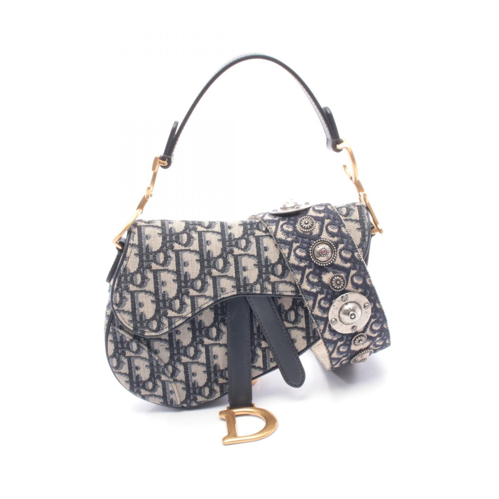 ディオール Dior サドルバッグ ミニ オブリークジャカード ハンドバッグ バッグ キャンバス レザー レディース アイボリー系 / ネイビー系 【中古】