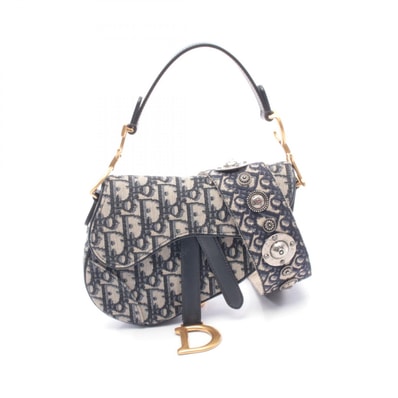 ディオール Dior サドルバッグ ミニ オブリークジャカード ハンドバッグ バッグ キャンバス レザー レディース アイボリー系 / ネイビー系 【中古】