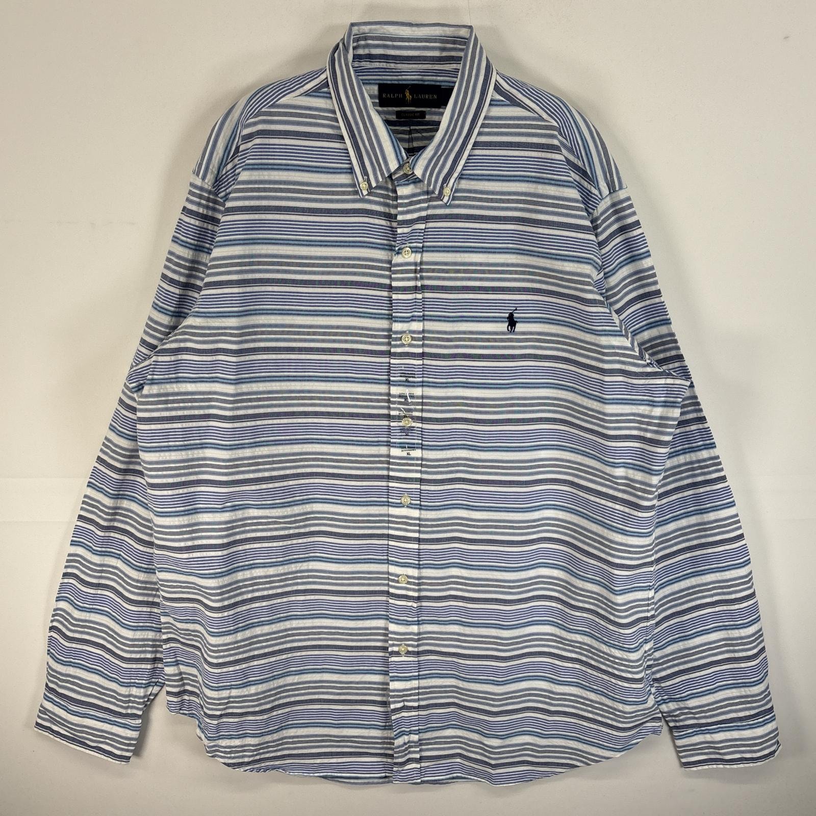 古着 ラルフローレン RALPH LAUREN 長袖シャツ ロゴ 刺繍 ボタンダウン 大きいサイズ XL  ブルー系 無地 メンズ