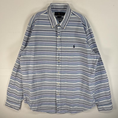 古着 ラルフローレン RALPH LAUREN 長袖シャツ ロゴ 刺繍 ボタンダウン 大きいサイズ XL ブルー系 無地 メンズ