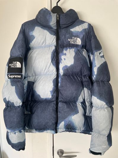Supreme x The North Face Bleached Denim Print Nuptse Jacket "Indigo"