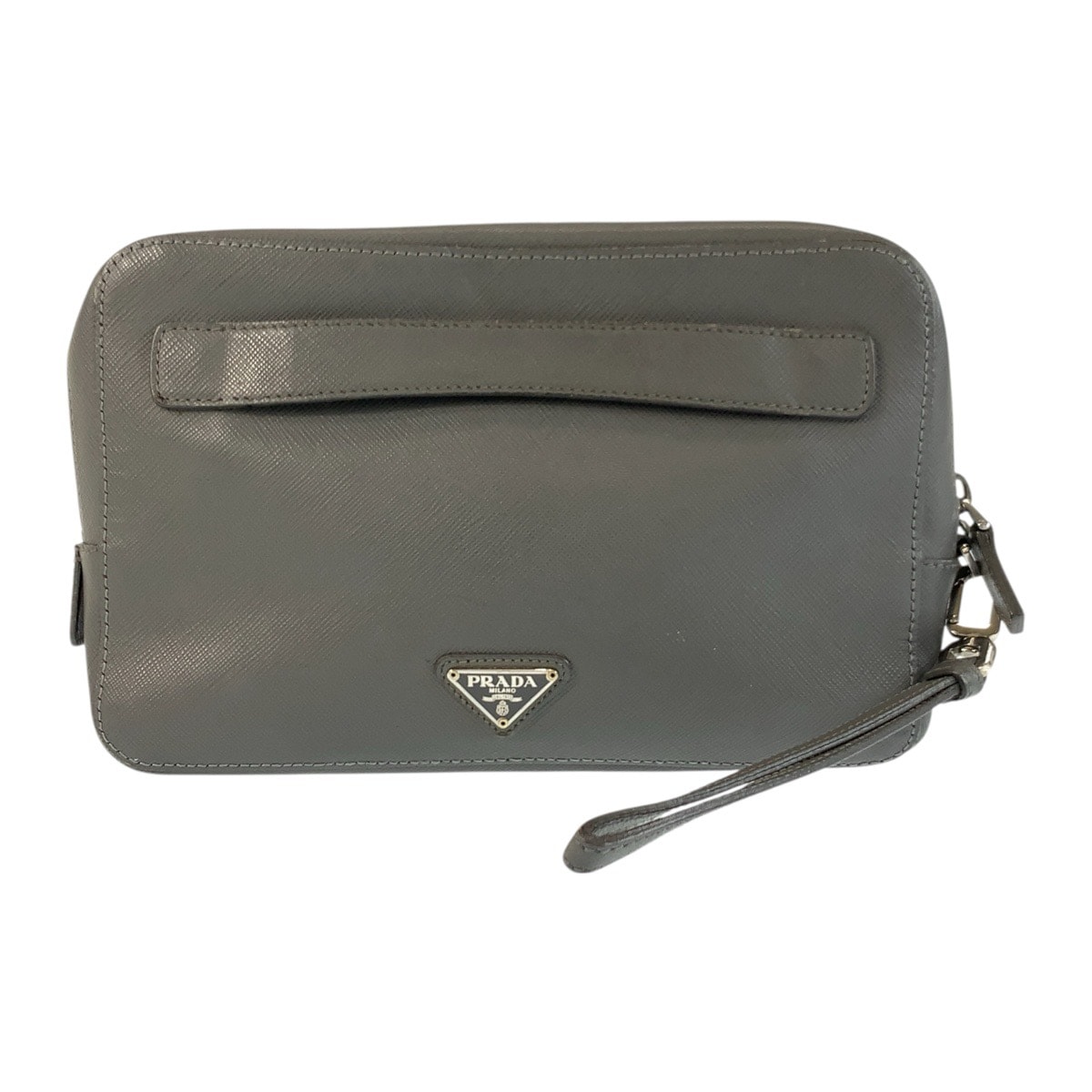 PRADA プラダ サフィアーノ 三角ロゴプレート グレー シルバー金具 レザー クラッチバッグ セカンドバッグ 600829 【中古】
