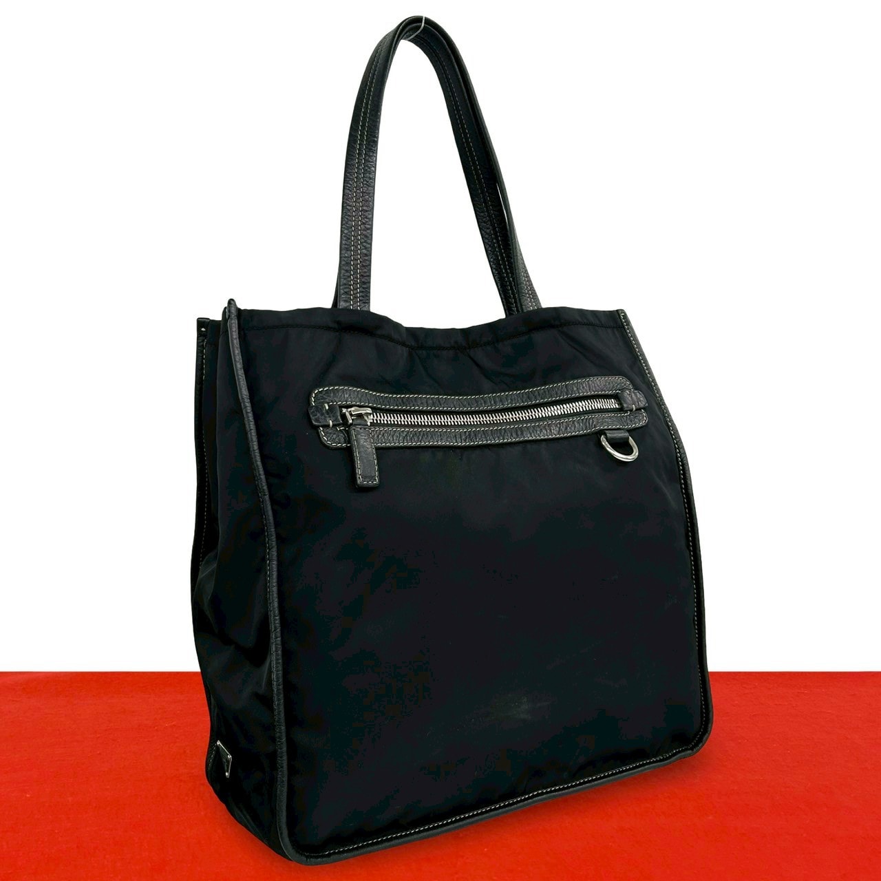 PRADA プラダ 三角 ロゴ 金具 ナイロン レザー トートバッグ ブラック
 41373