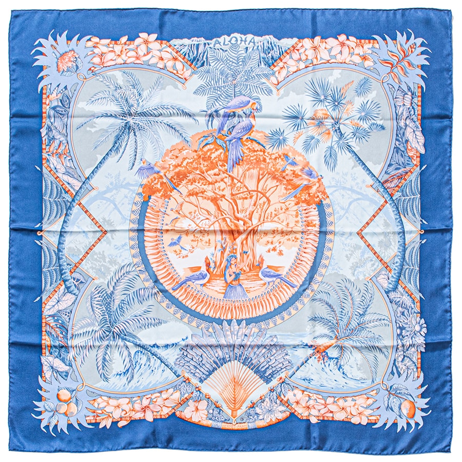 HERMES エルメス スカーフ カレ90 Aloha アロハ シルク ブルー マルチカラー【中古】