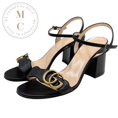 グッチ GUCCI ダブルG サンダル 靴 シューズ レザー ブラック 黒 ゴールド GGマーモント アンクルストラップ