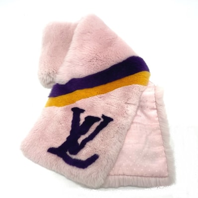 ルイヴィトン LOUIS VUITTON エシャルプ M70272 LVロゴ ティペット ファー マフラー シルク ピンク 美品