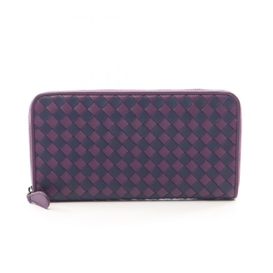 ボッテガヴェネタ BOTTEGA VENETA イントレチャート ラウンド長財布 財布 レザー レディース パープル系 / ブルー系 【中古】