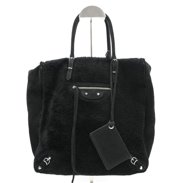 BALENCIAGA(バレンシアガ)ペーパー ムートン トートバッグ ブラック シアリング レザー シルバー金具 355413 レディース【中古】