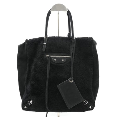 BALENCIAGA(バレンシアガ)ペーパー ムートン トートバッグ ブラック シアリング レザー シルバー金具 355413 レディース【中古】