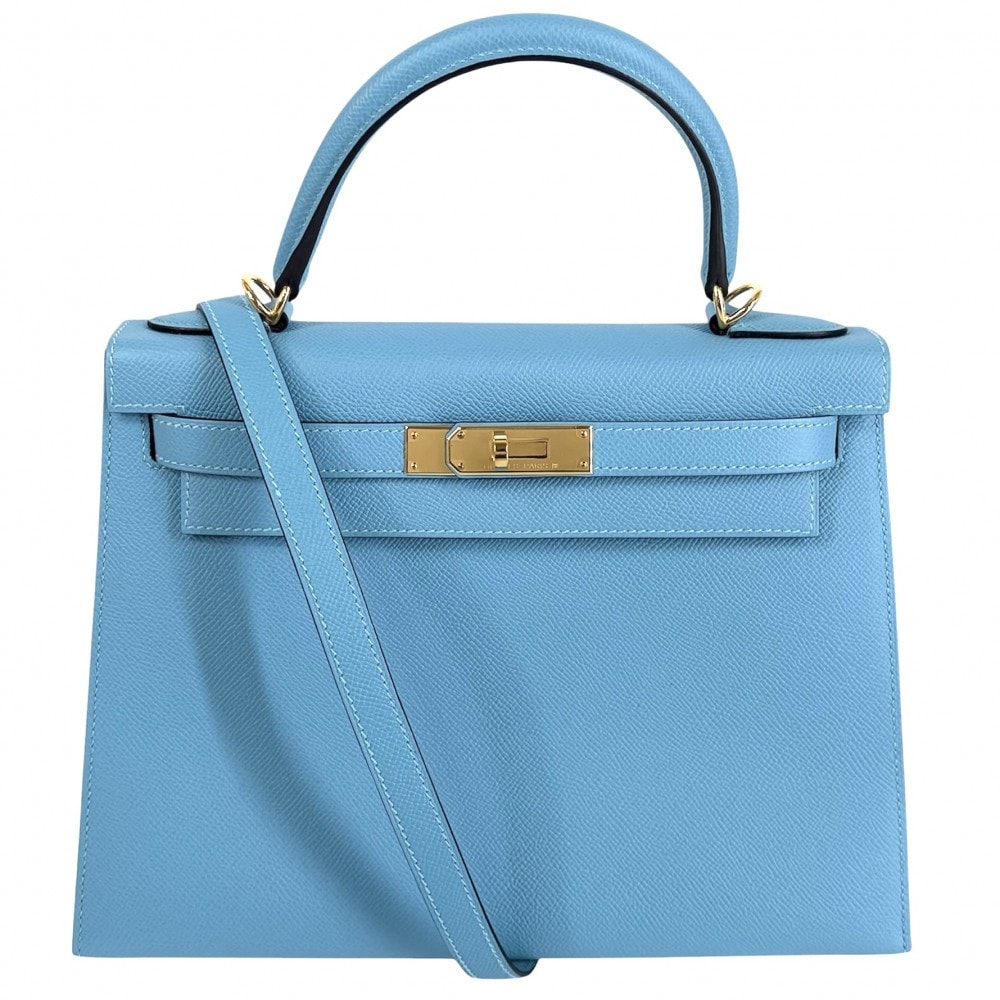HERMES エルメス 2WAY ケリー28 外縫い ハンドバッグ ショルダーバッグ 斜め掛け D刻印 ヴォーエプソン    ライトブルー ゴールド金具 レディース 美品 2019年【中古品】