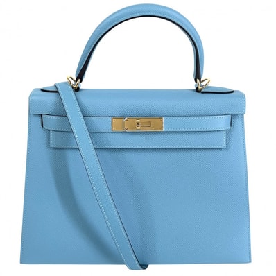 HERMES エルメス 2WAY ケリー28 外縫い ハンドバッグ ショルダーバッグ 斜め掛け D刻印 ヴォーエプソン ライトブルー ゴールド金具 レディース 美品 2019年【中古品】