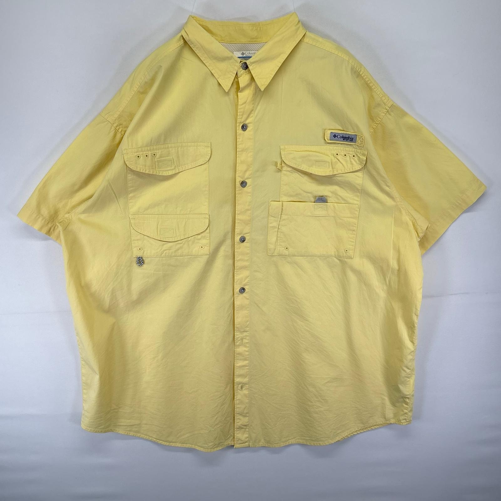 古着 コロンビア Columbia 半袖シャツ ワンポイント ロゴ PFG フィッシング 大きいサイズ アウトドア 2XL  イエロー系 無地 メンズ