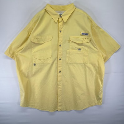 古着 コロンビア Columbia 半袖シャツ ワンポイント ロゴ PFG フィッシング 大きいサイズ アウトドア 2XL イエロー系 無地 メンズ