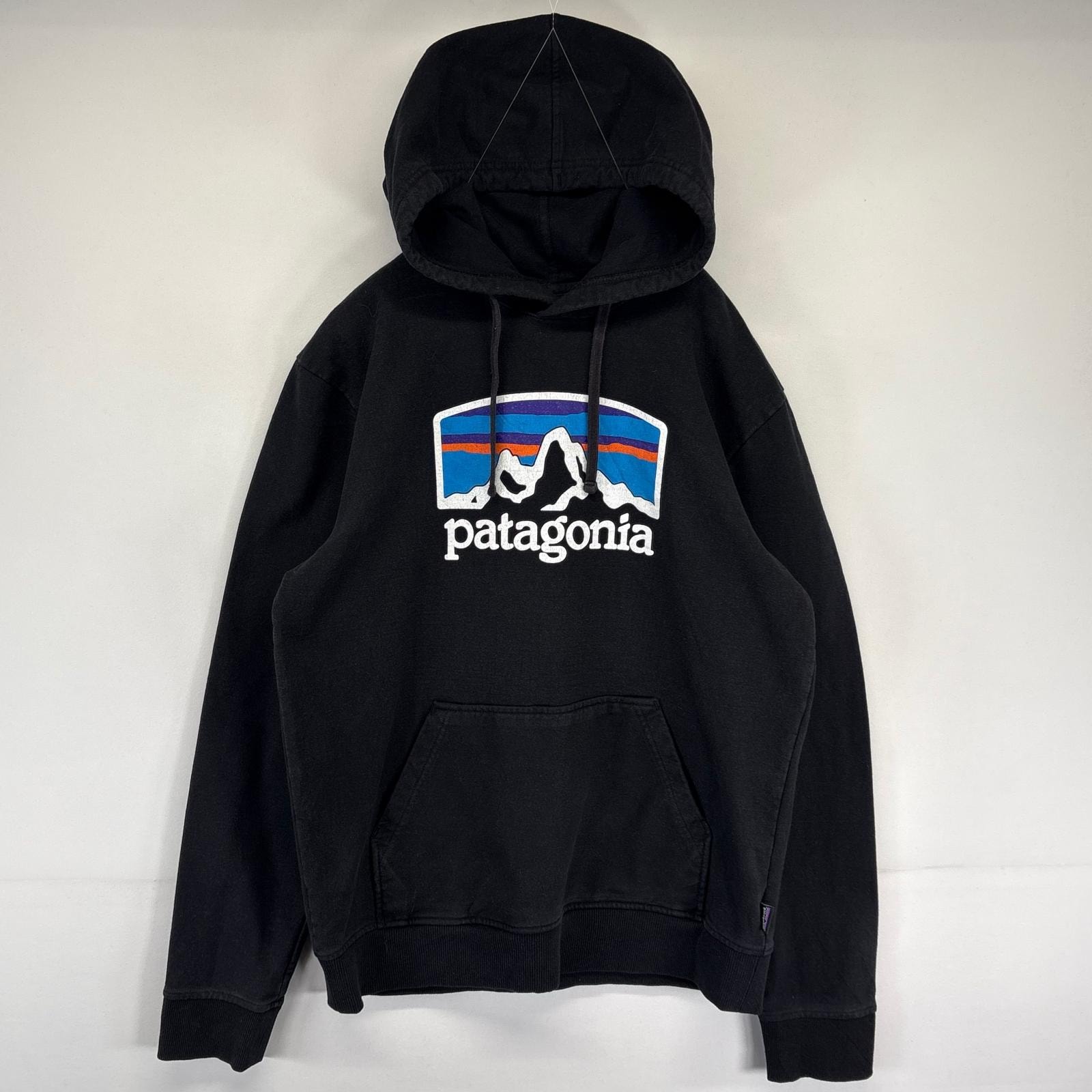 古着 パタゴニア patagonia パーカー プルオーバー フーディ スウェット ビッグロゴプリント アウトドア M  ブラック メンズ