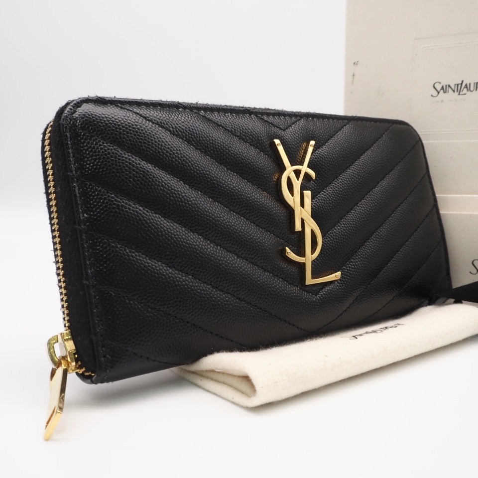 美品 SAINT LAURENT サンローラン カーフレザー モノグラム サンローラン フルジップウォレット 358094 長財布 ブラック カーフレザー レディース