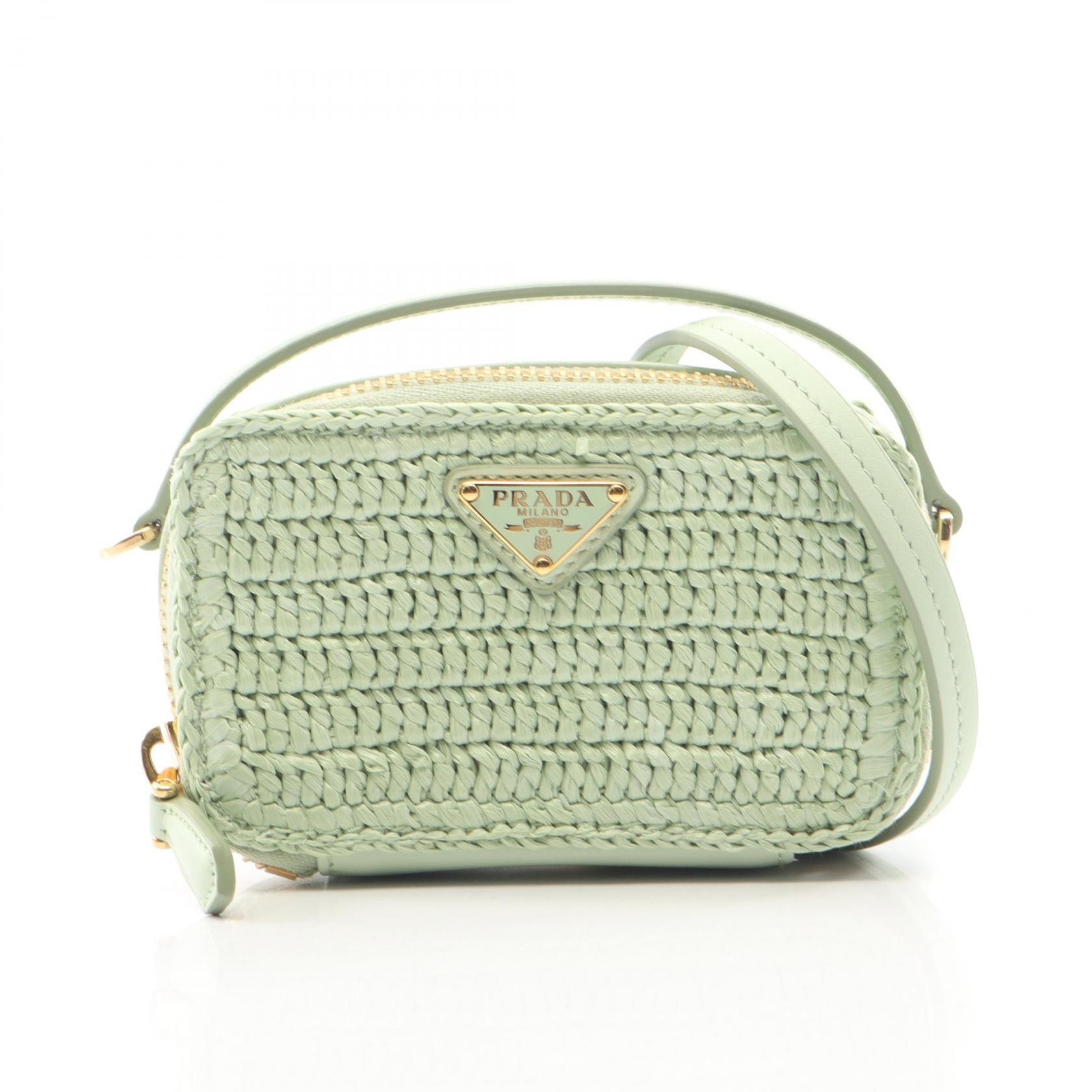 プラダ PRADA トライアングルロゴ ミニポーチ ショルダーバッグ バッグ レザー ラフィア レディース グリーン系 1NR025 【中古】