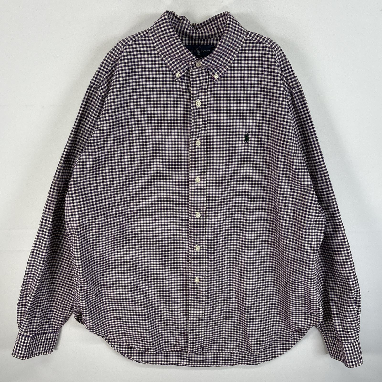 古着 90's/90年代 ラルフローレン RALPH LAUREN 長袖シャツ ワンポイント ロゴ 刺繍 大きいサイズ ボタンダウンシャツ XL  パープル系 チェック メンズ