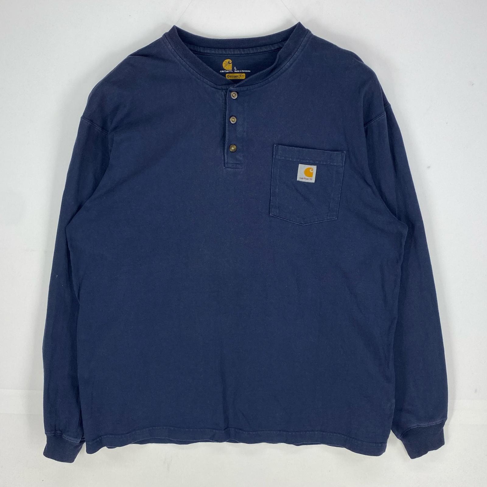 古着 カーハート Carhartt 長袖Tシャツ ハーフボタン 胸ポケット ワンポイントロゴ ロングスリーブ L  ネイビー系 メンズ