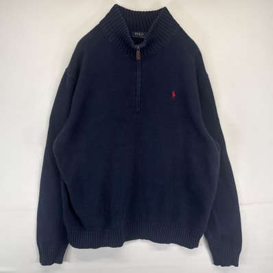 古着 ポロ・ラルフローレン POLO RALPH LAUREN ニット ニット ハーフジップ ワンポイントロゴ刺繍 大きいサイズ 2XL ネイビー メンズ