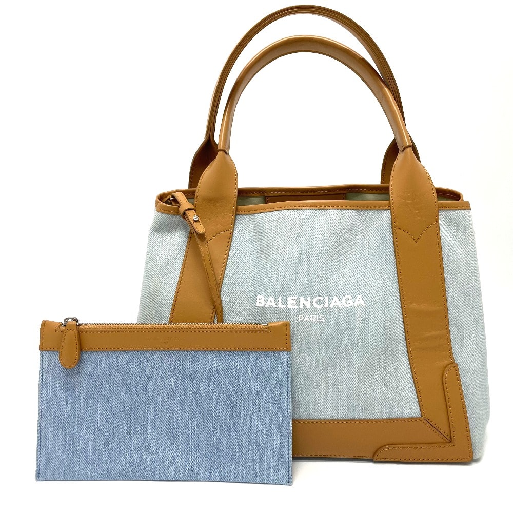 バレンシアガ BALENCIAGA ネイビーカバスS 339933 ロゴプリント カバン ハンドバッグ トートバッグ レザー/キャンバス ライトブルー