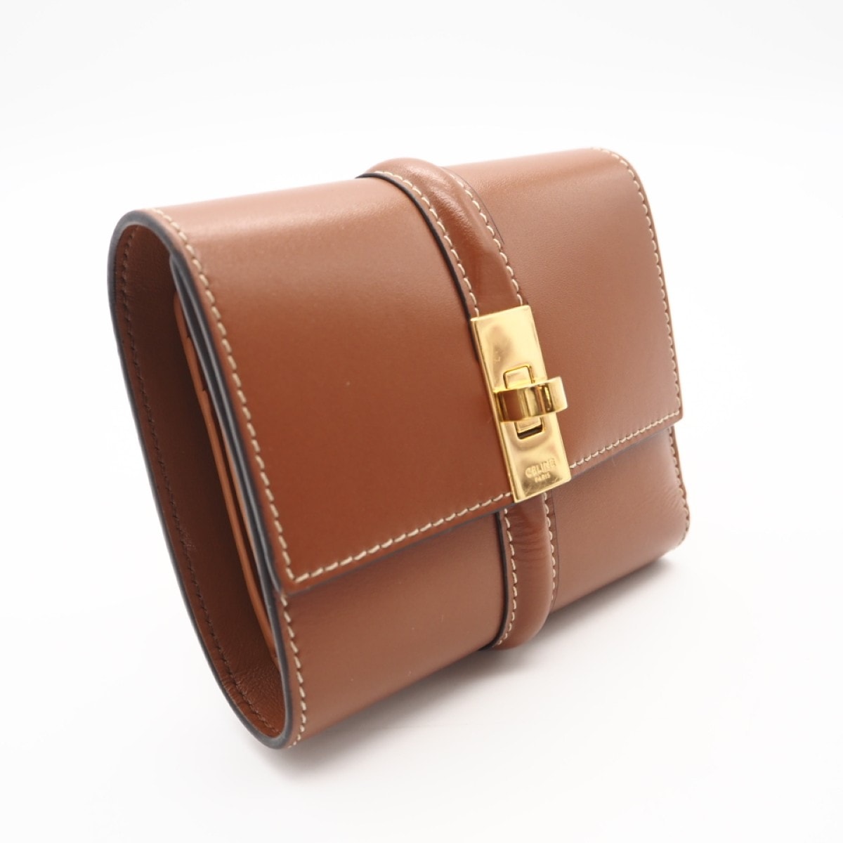 美品 CELINE セリーヌ 16 セーズ スモール トリフォールドウォレット タン 10F523CQ7.04LU 三つ折り財布 ブラウン カーフレザー レディース