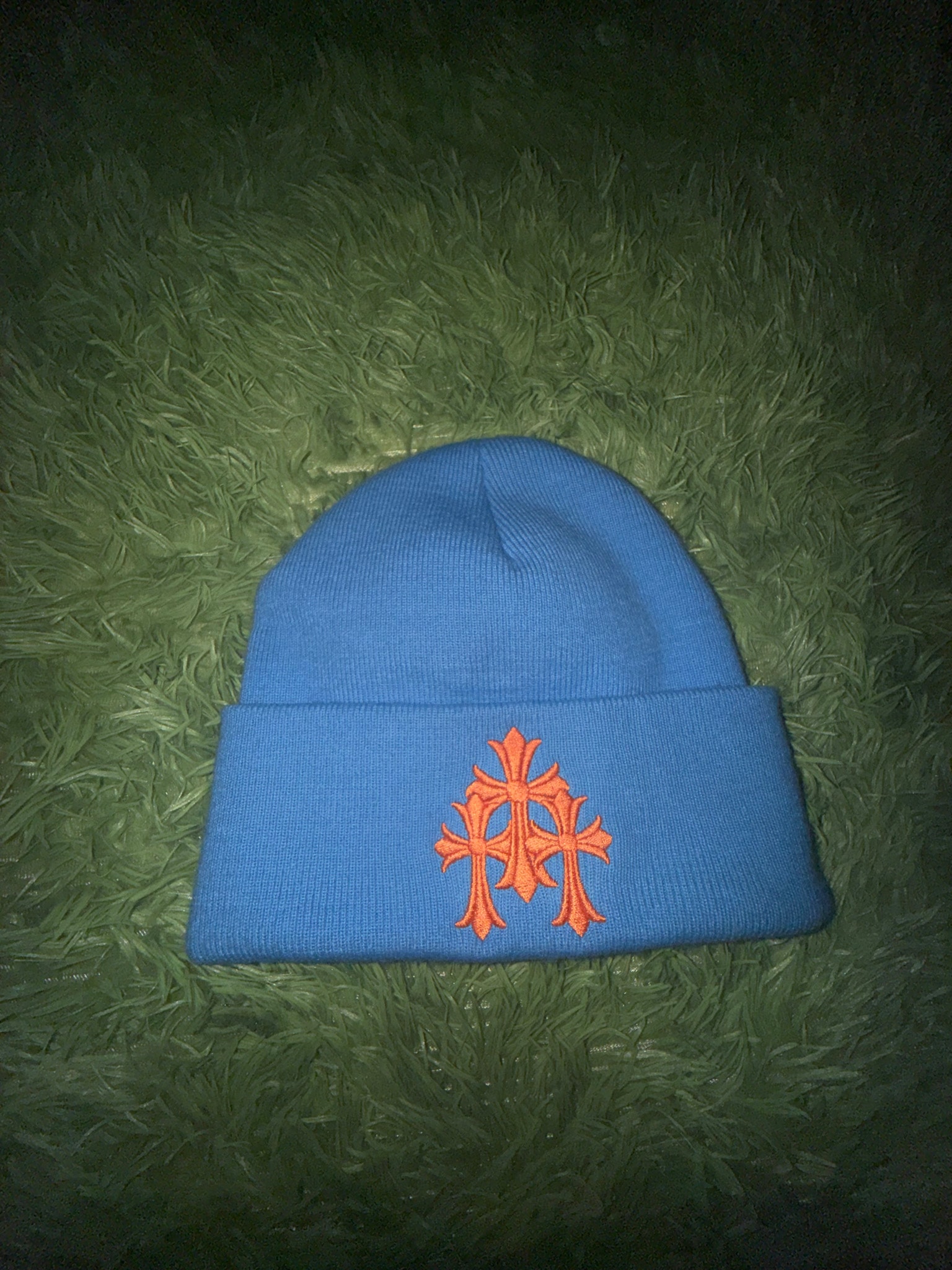 Chrome Hearts Cemetery Cross Patch Beanie "Light Blue"